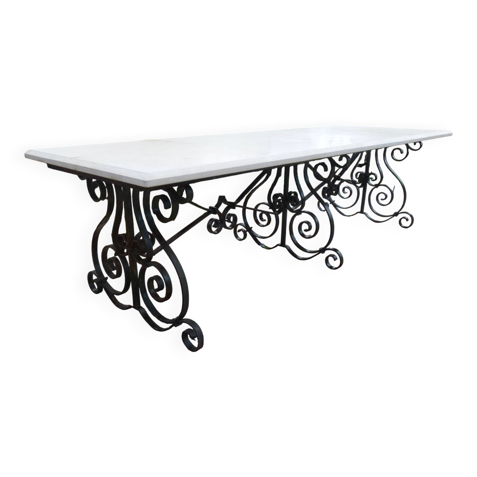 Marble table with wrought iron legs.