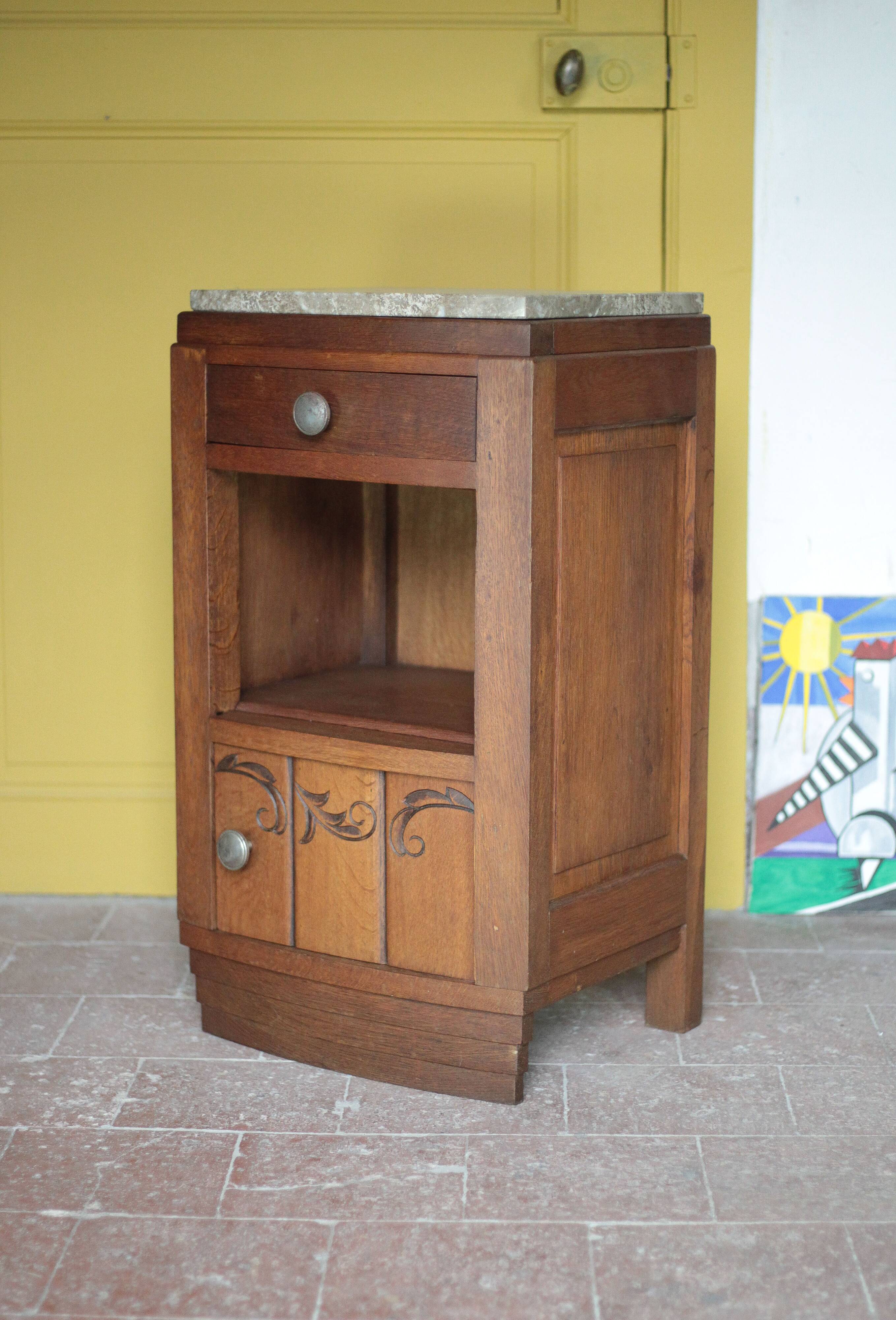 Art Deco bedside table, wooden Art Deco nightstand with marble top.