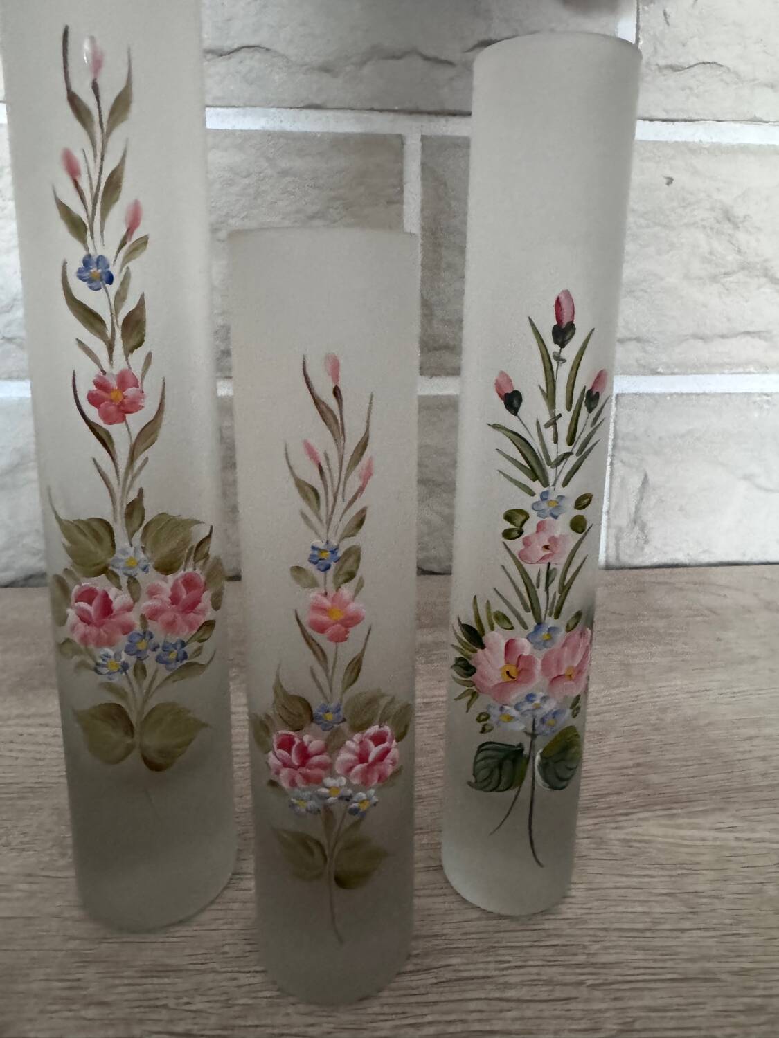 Set of 3 Hand Painted Frosted Glass Vases - Vintage Floral Style