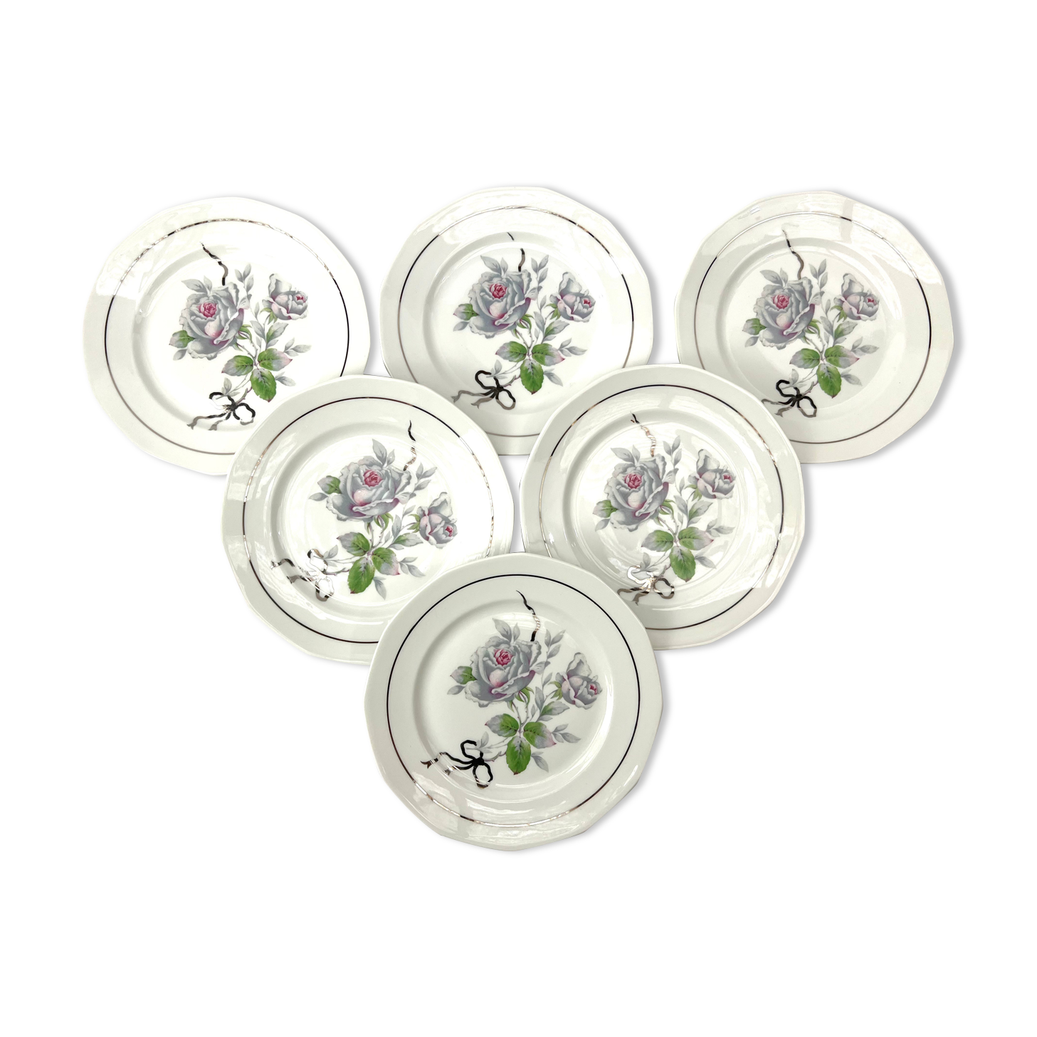 6 plates dessert pink flower shabby limoges porcelain