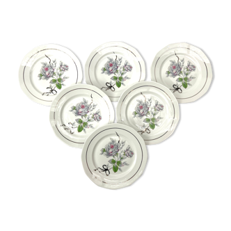 6 assiettes à dessert fleur rose shabby porcelaine de Limoges