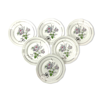 6 plates dessert pink flower shabby limoges porcelain