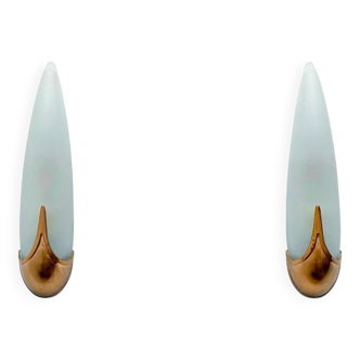 Pair of brass and opaline wall lights, Italy 1980.
