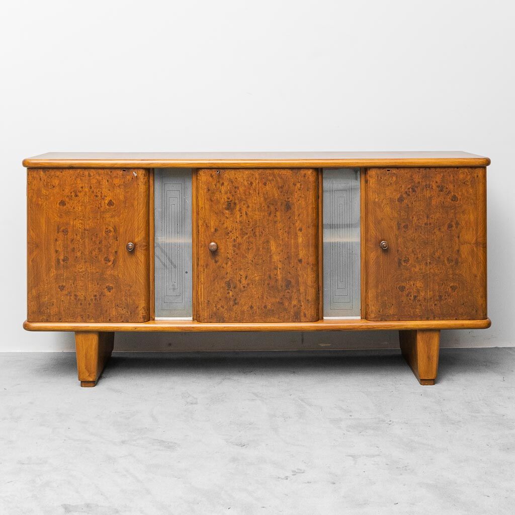 Vintage walnut burl sideboard with decorative inserts, 1940s