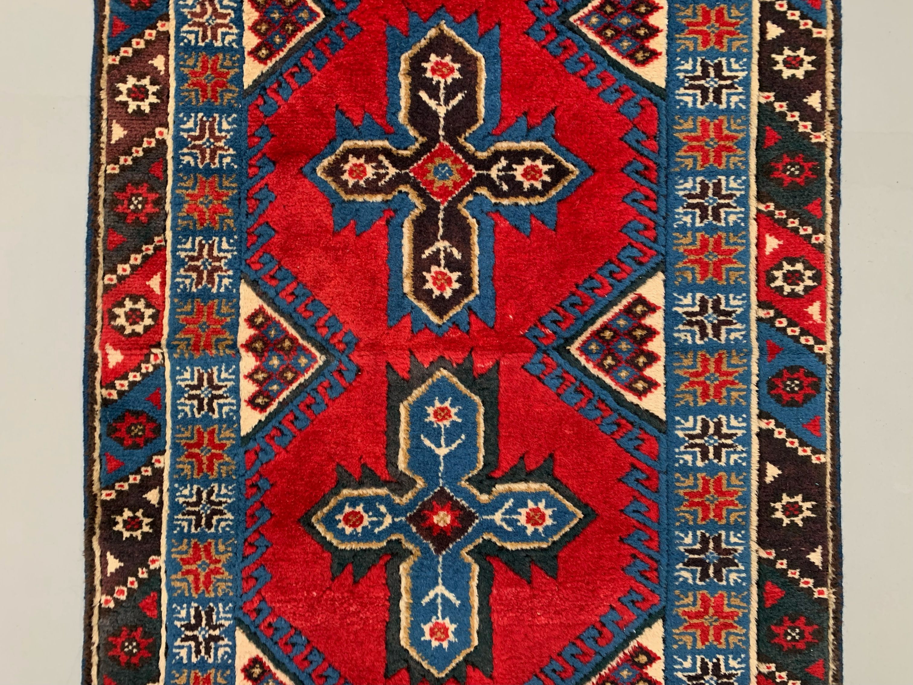 Turkish runner 490x88 cm tribal rug, red, beige, blue, vintage