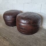 Pair of poufs, in brown leather patchwork 1970