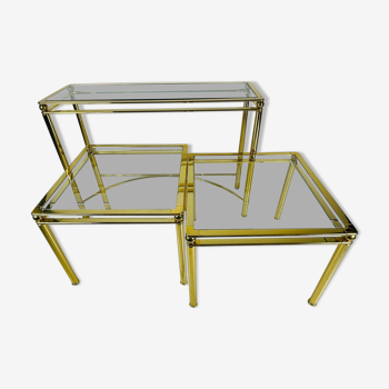 3 brass tables. 1 make up table / hall table, 2 side tables / coffee tables. 1980's messing tables.