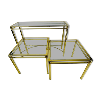 3 brass tables. 1 make up table / hall table, 2 side tables / coffee tables. 1980's messing tables.