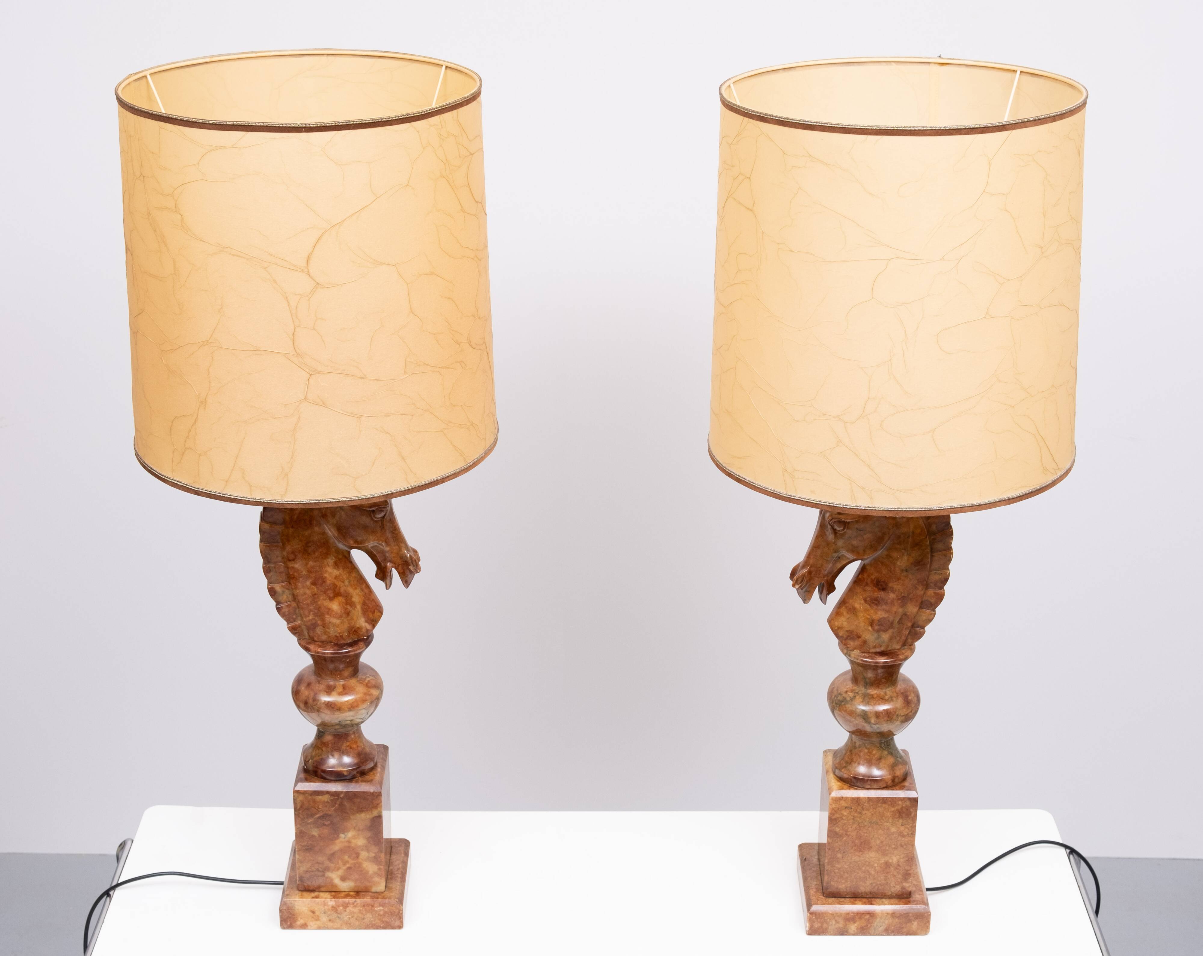 Large Horse Head Chess Knights Lamp in Carved Alabaster, taly, 1960s, Set of 2