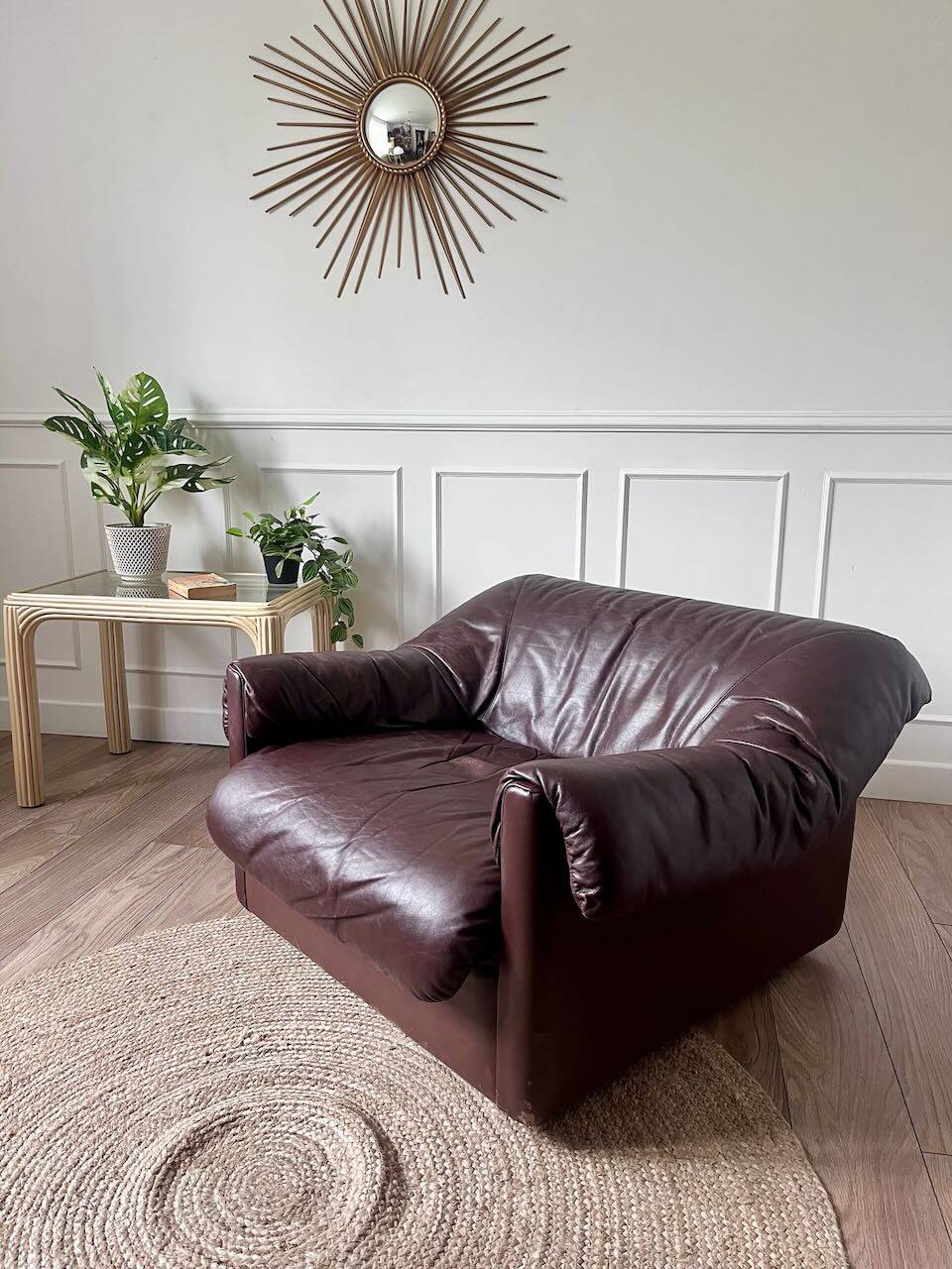 Brown leather armchair from the 1970s.
