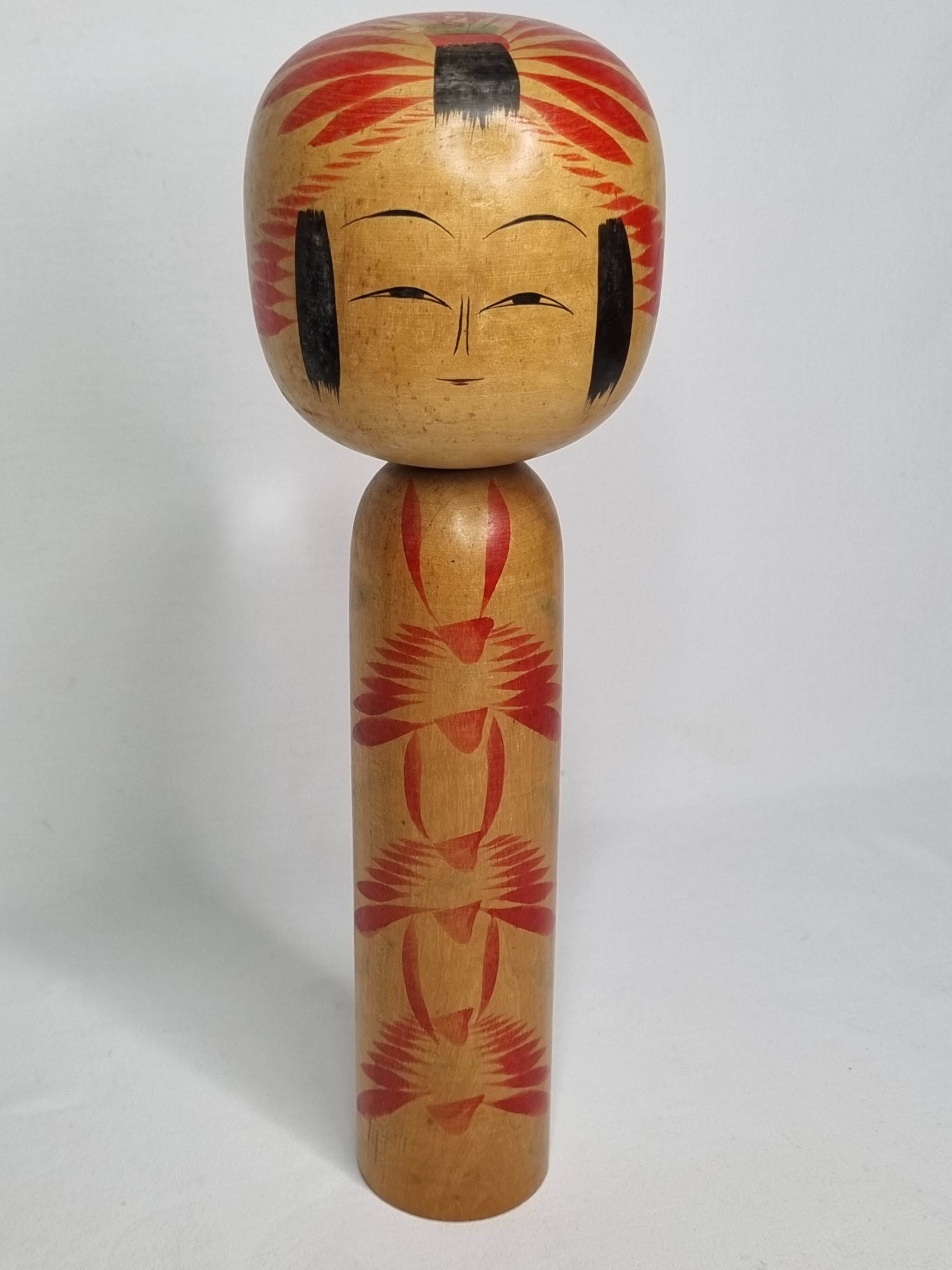 Vintage Signed Japanese Kokeshi Doll, Hand Painted Red Floral Decor, 32cm