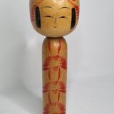 Vintage Signed Japanese Kokeshi Doll, Hand Painted Red Floral Decor, 32cm
