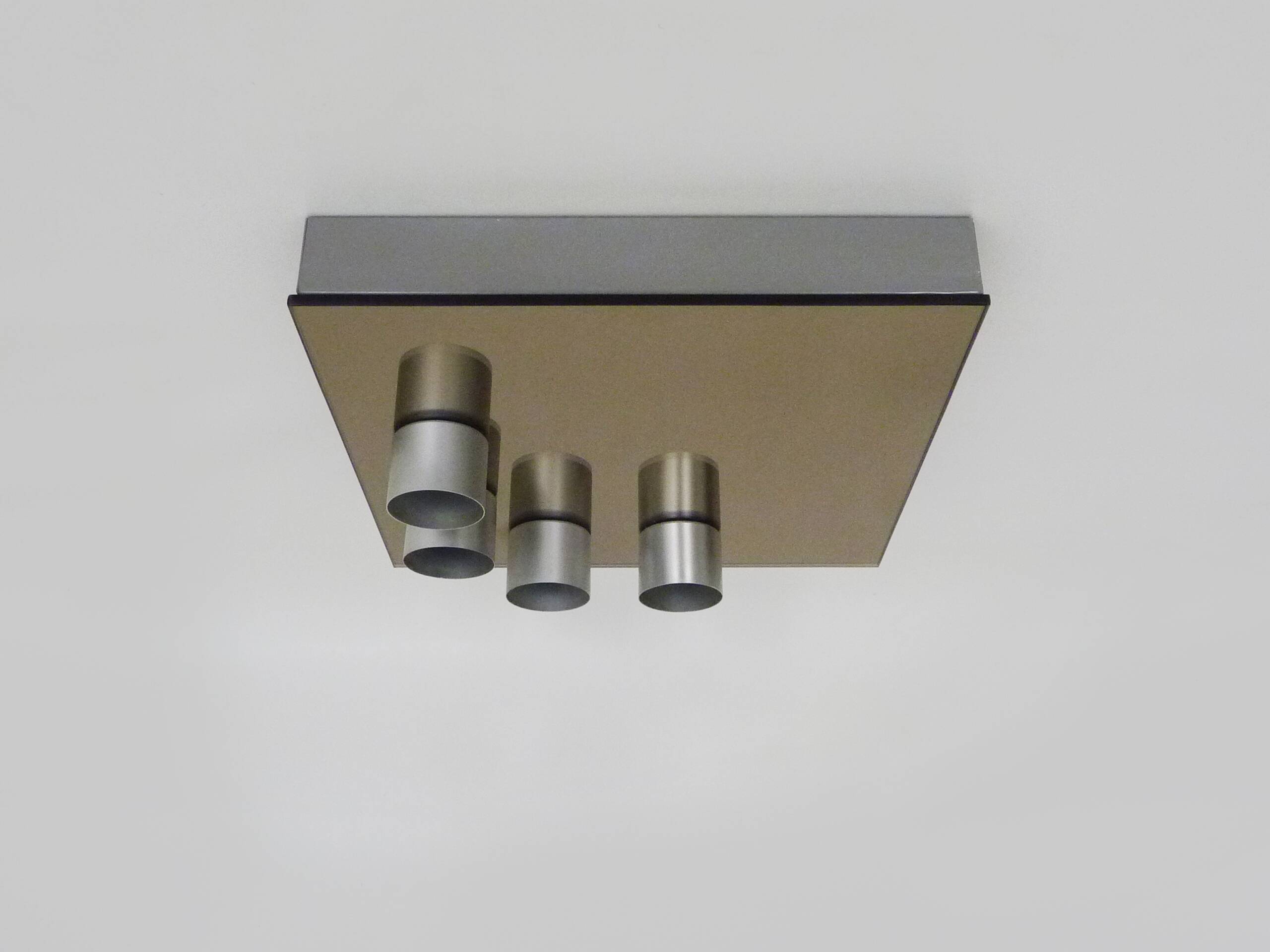 Vintage smoked mirror ceiling light with 4 bulbs, stainless steel structure and mirror.