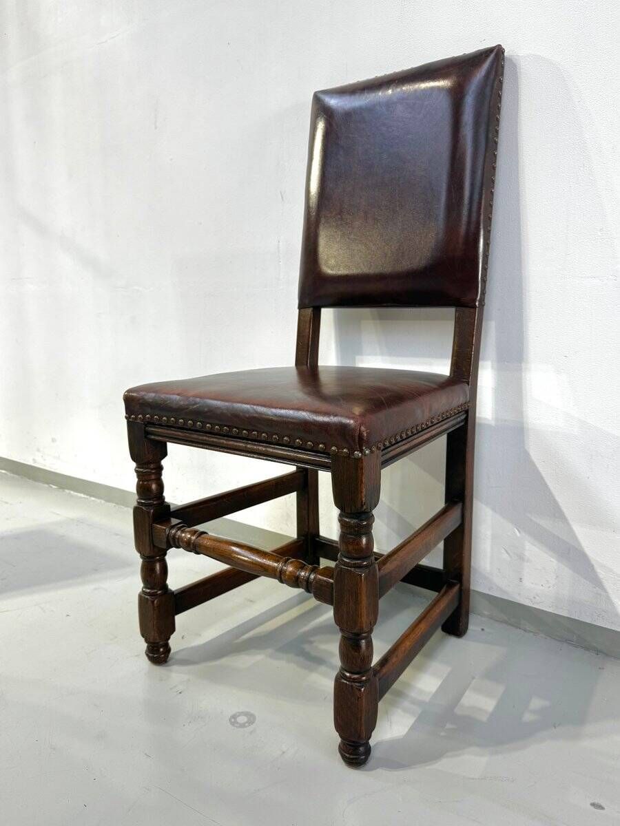 Vintage Handmade French Chairs in Leather & Oak, 1970s.