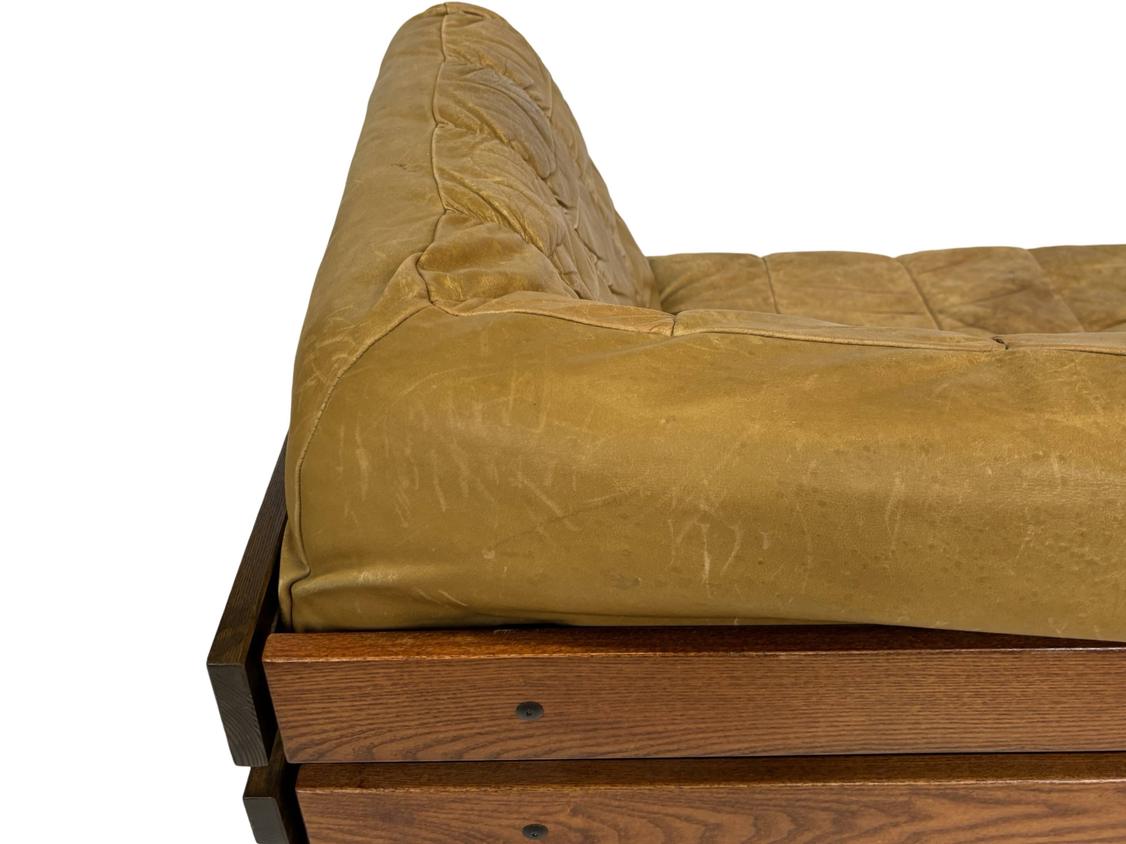 Vintage cognac brown sofa, small slatted model, 1970s