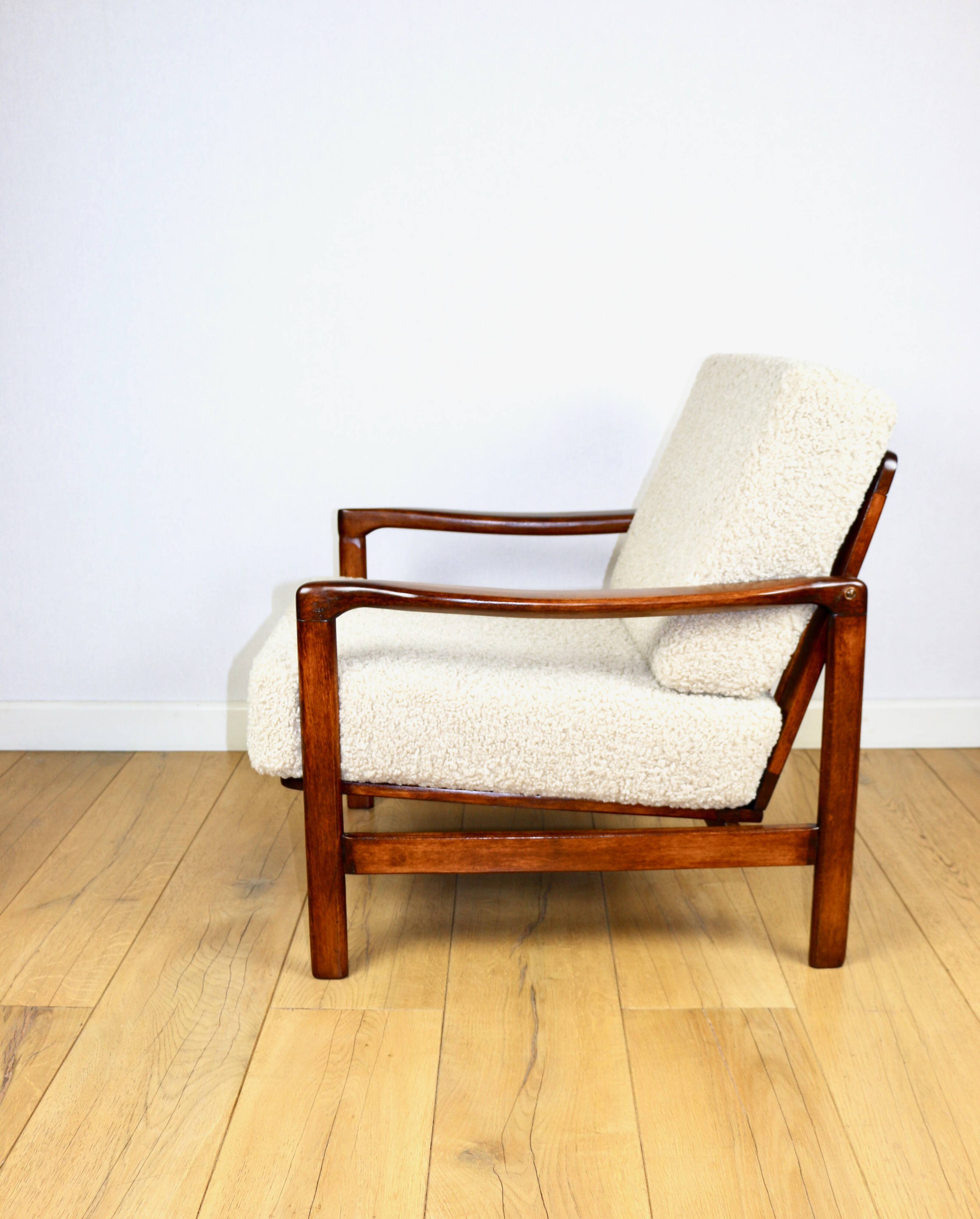 Wooden vintage brown armchair beige ivory long pile boucle design by Z. Bączyk - 2 pieces available