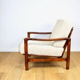 Wooden vintage brown armchair beige ivory long pile boucle design by Z. Bączyk - 2 pieces available