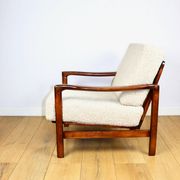 Wooden vintage brown armchair beige ivory long pile boucle design by Z. Bączyk - 2 pieces available