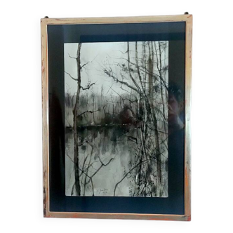 Painting signed gantner (bernard, 1928-2018) – watercolored chinese ink, lake landscape