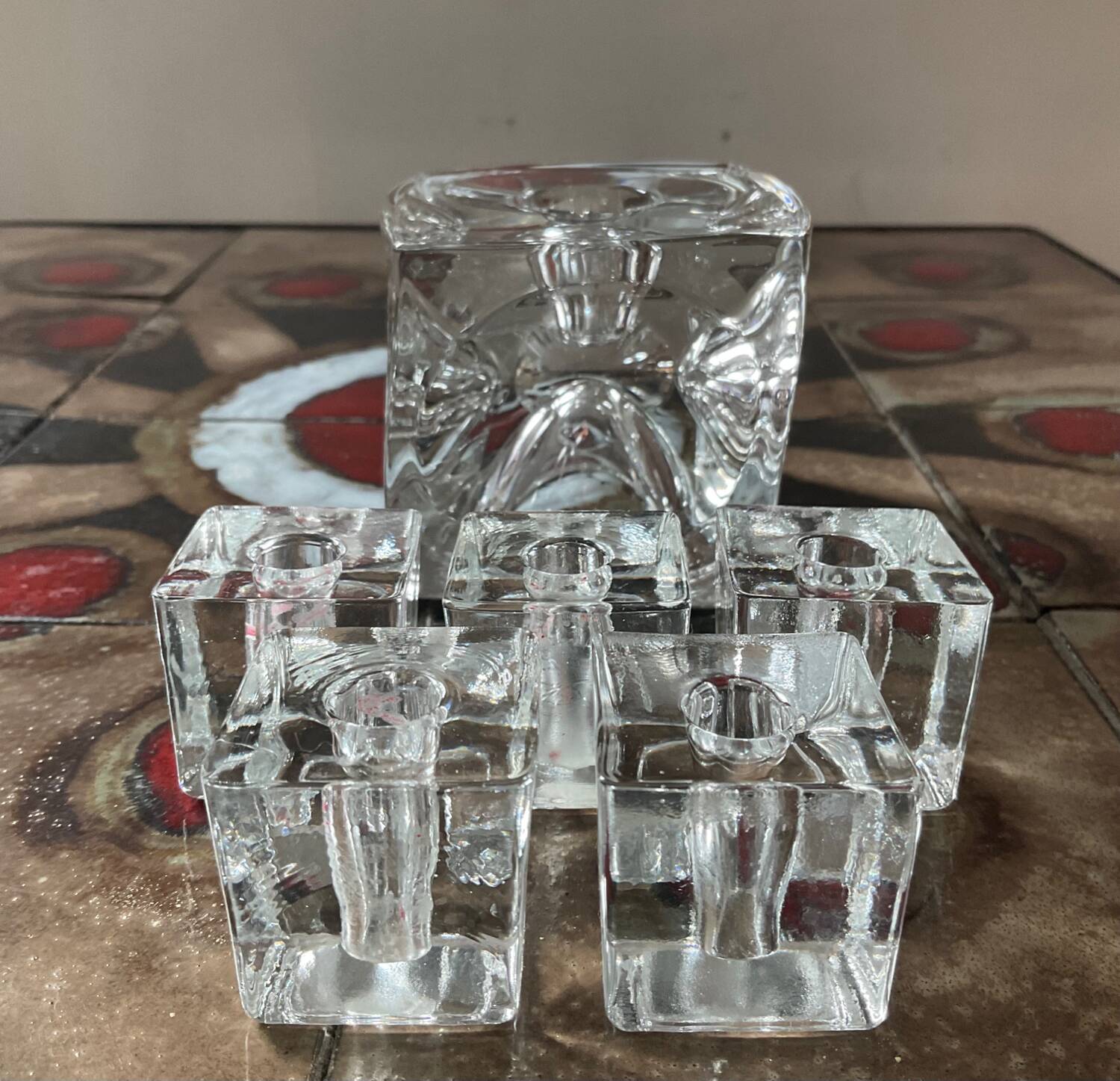 Series of 6 vintage cube candlesticks in molded glass