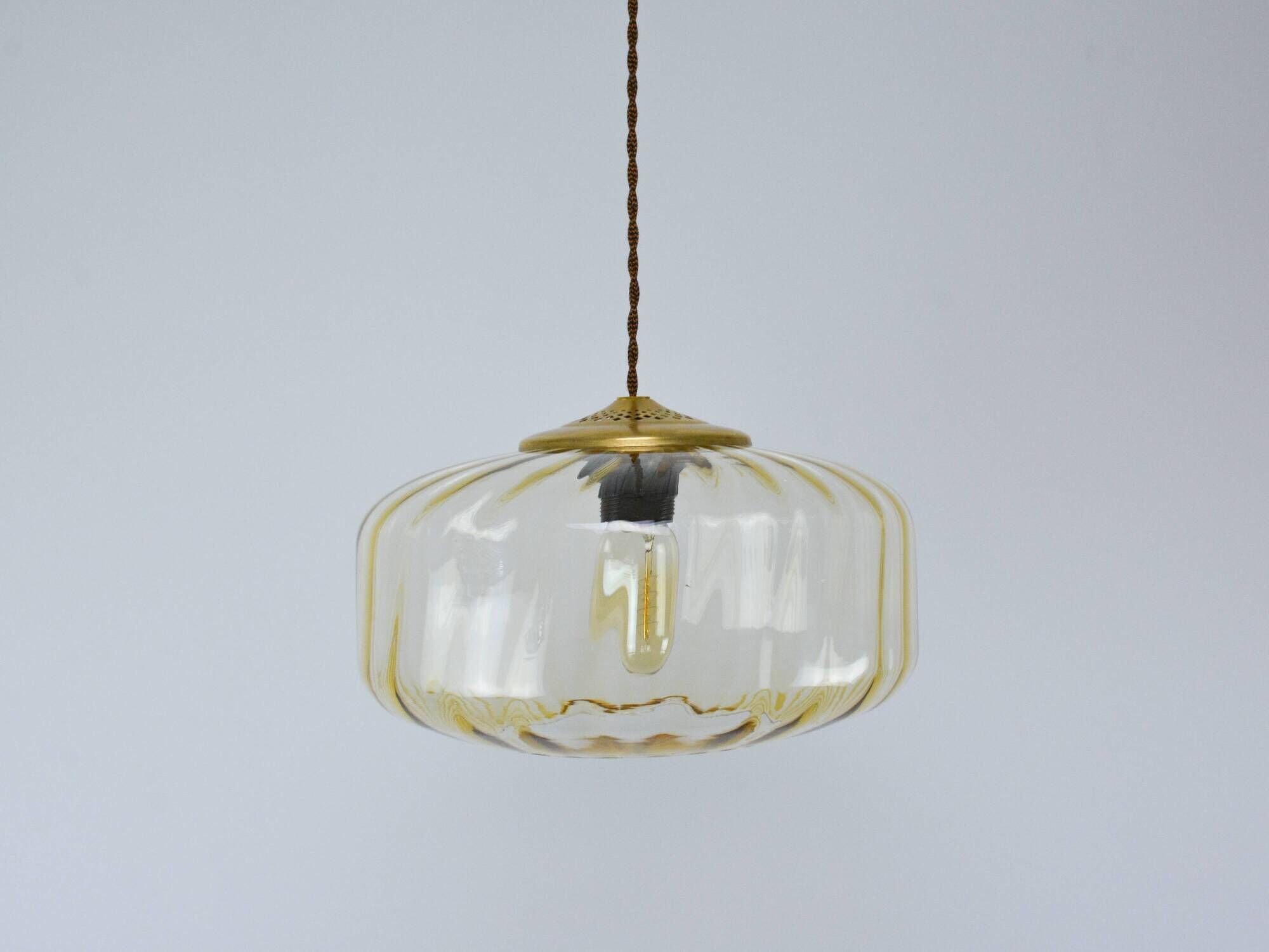 Vintage Light Beige Glass and Brass Pendant Lamp