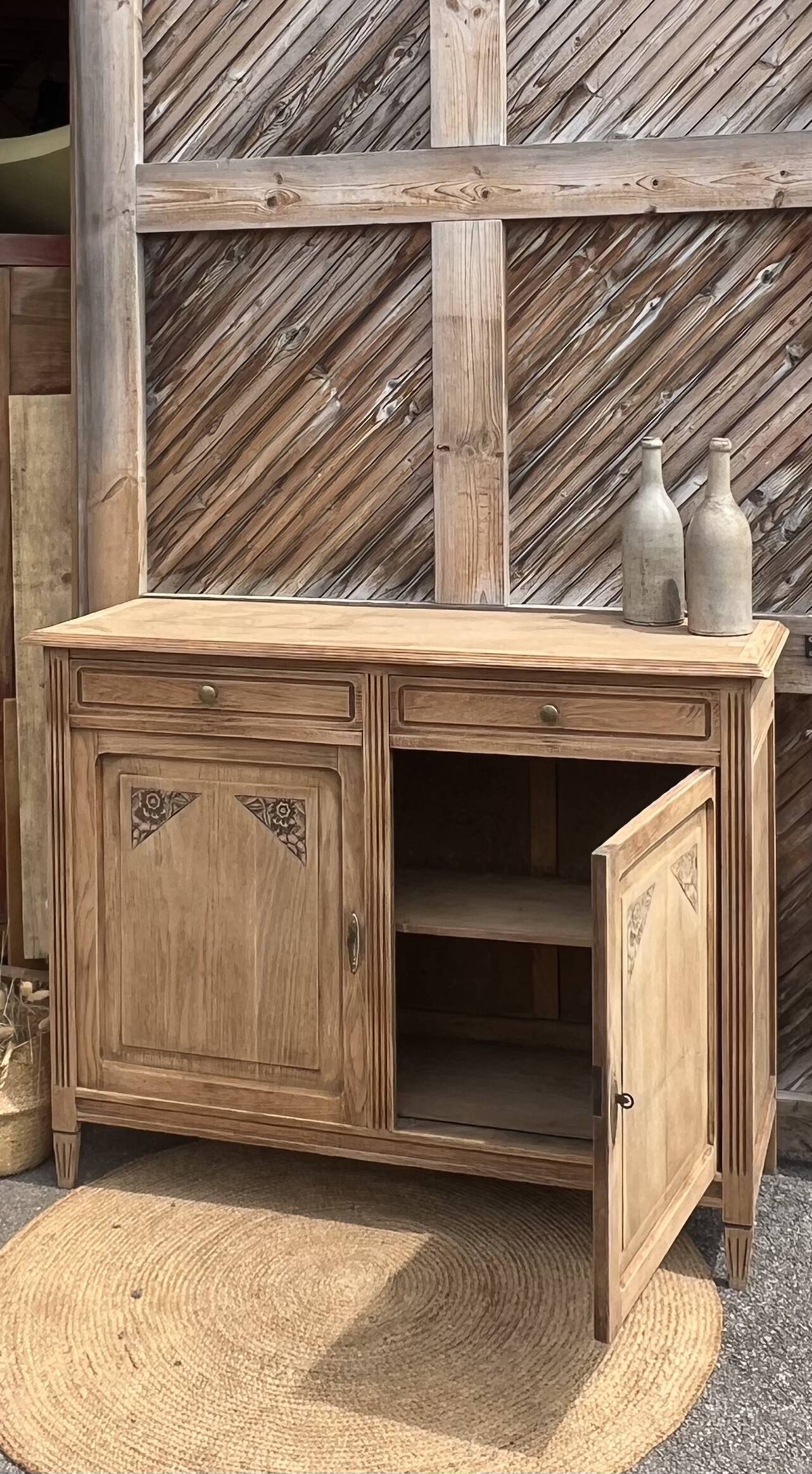 Old Parisian buffet in raw oak with 2 drawers