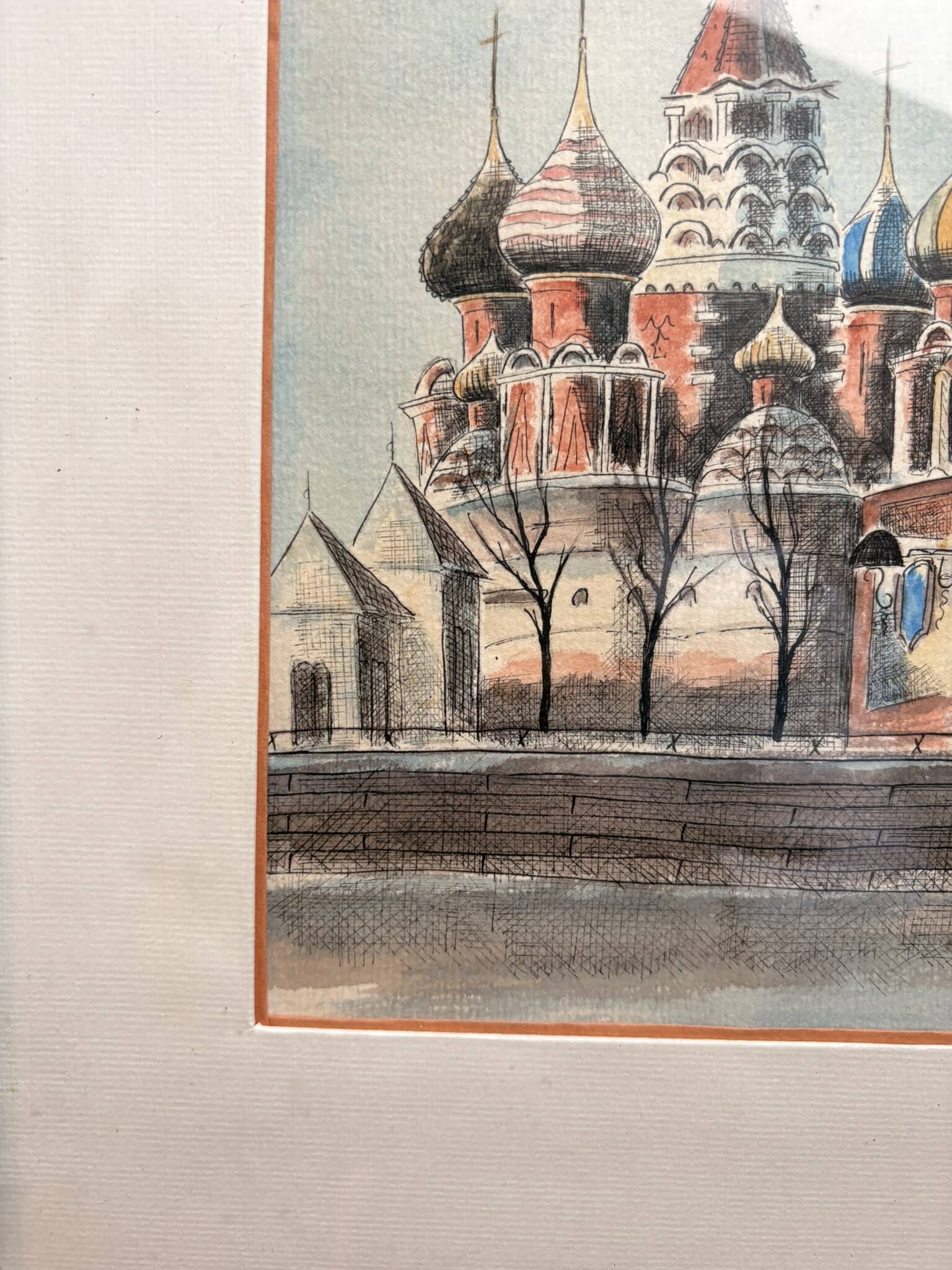 Old Watercolour Historical Building Russia Orthodox Cathedral Moscow 199