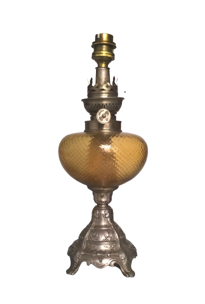 Electrified kerosene lamp art-deco- regulated silver and tinted glass with its original lampshade