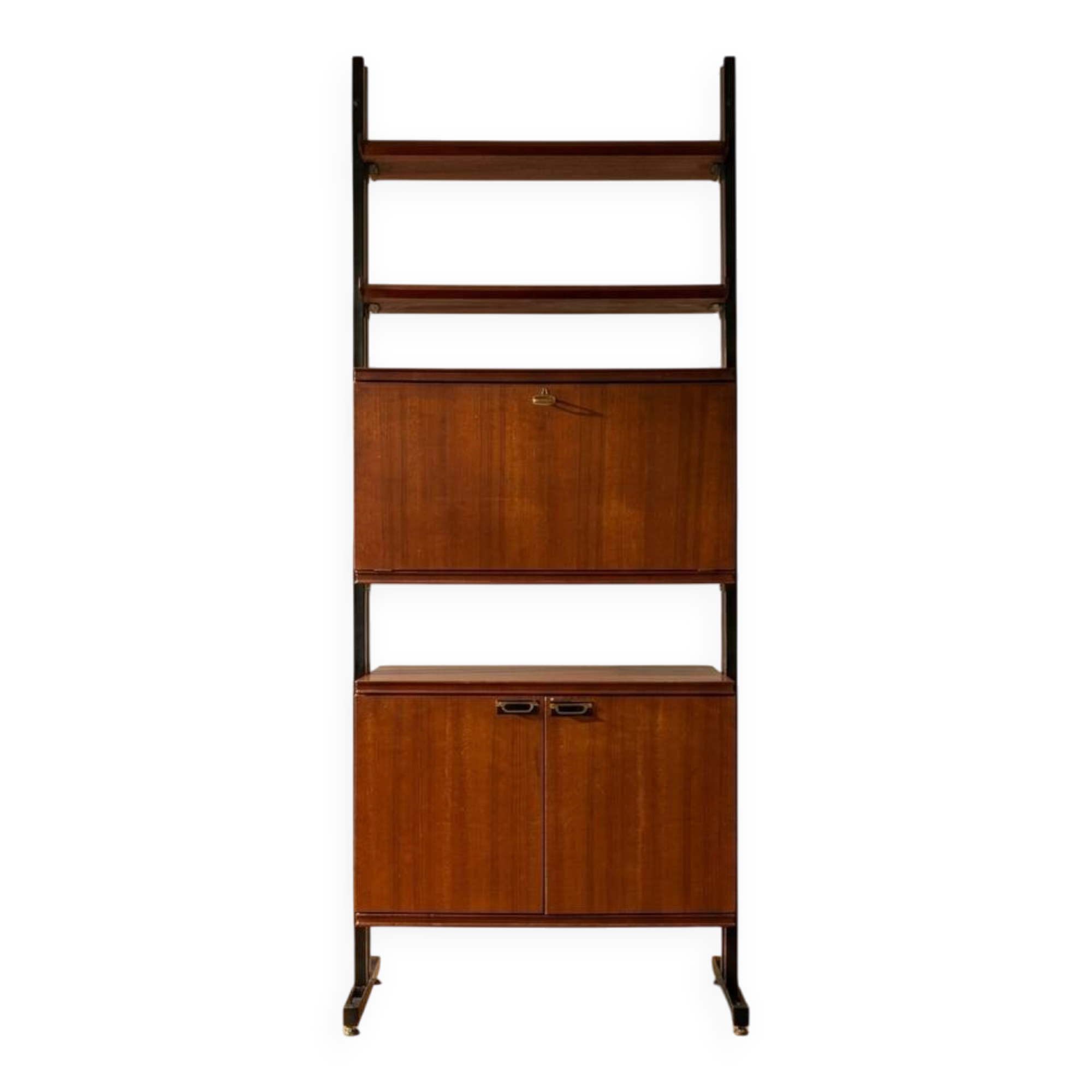 Unité murale modulaire moderne du milieu du siècle, cabinet de rangement en placage et métal noir, années 1960, Europe