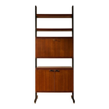 Mid-Century Modern Modular Wall Unit, Veneer & Black Metal Shelving Cabinet, 1960s, Europe
