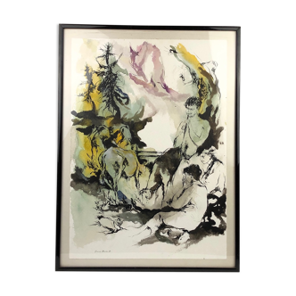Vintage watercolor by Franco Mürer, "Le Faune"