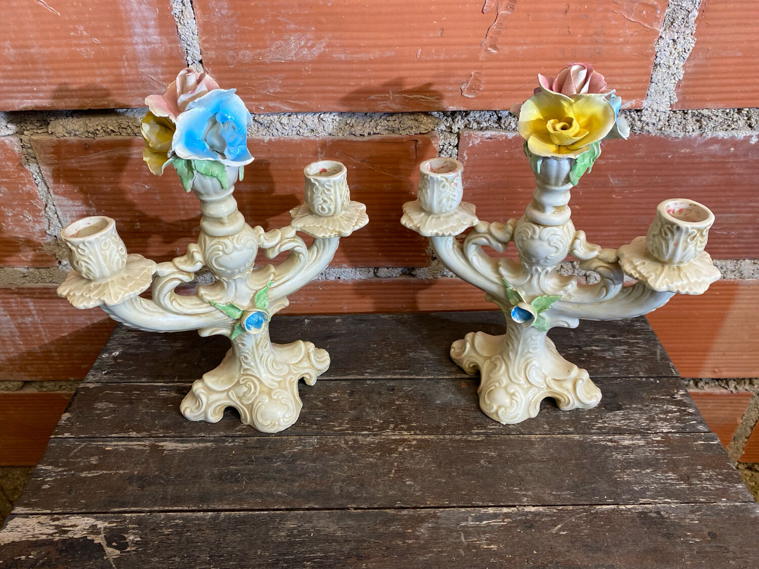 Pair of Double Candelabra Candle Holders CAPODIMONTE Polychrome Ceramic