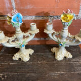 Pair of Double Candelabra Candle Holders CAPODIMONTE Polychrome Ceramic