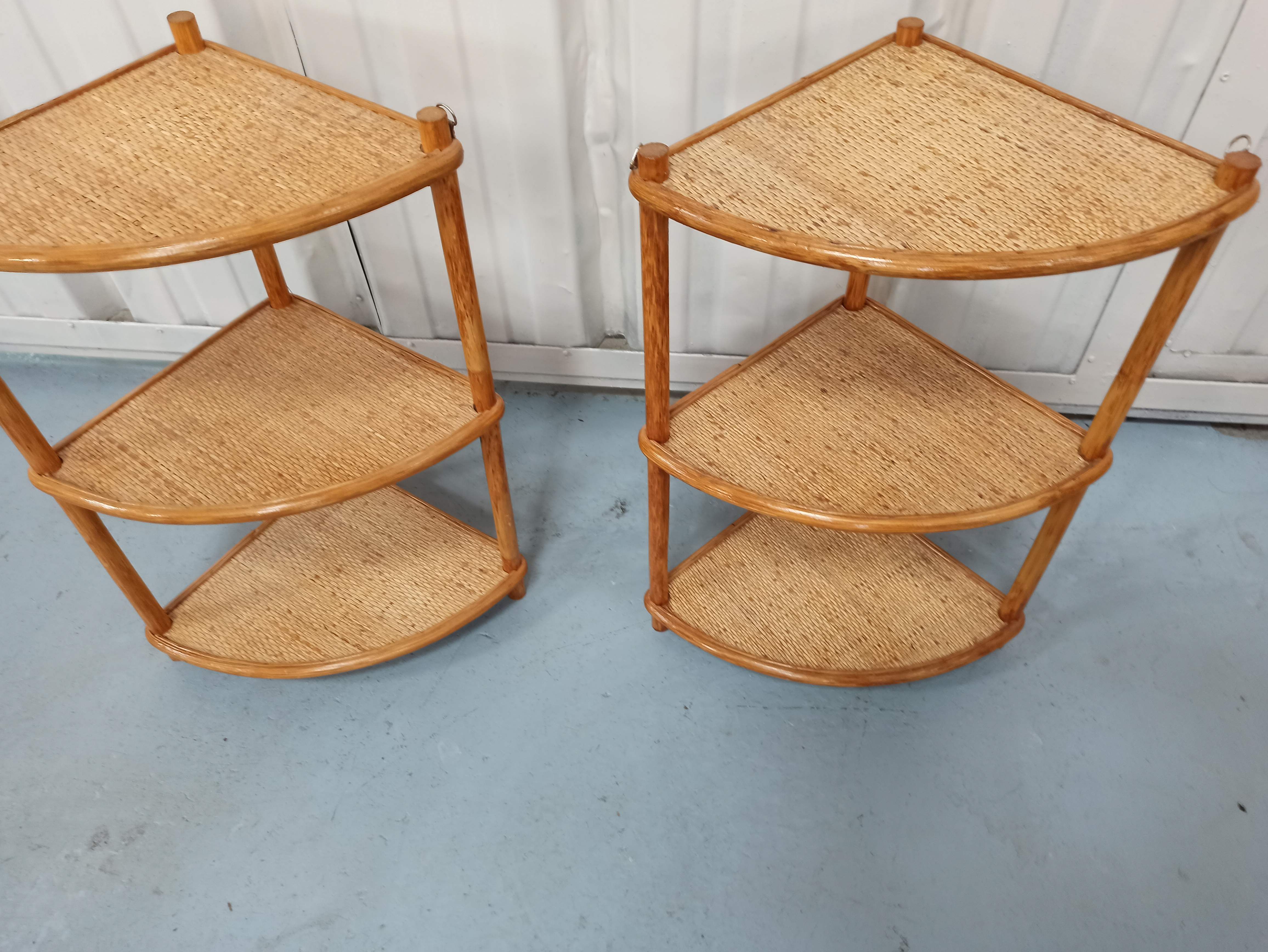 Pair corner shelves bamboo and braided rattan angle bedside tables shelf