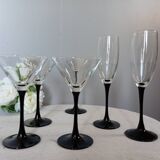 6 shiny black stemmed glasses domino collection by Luminarc, vintage 1980