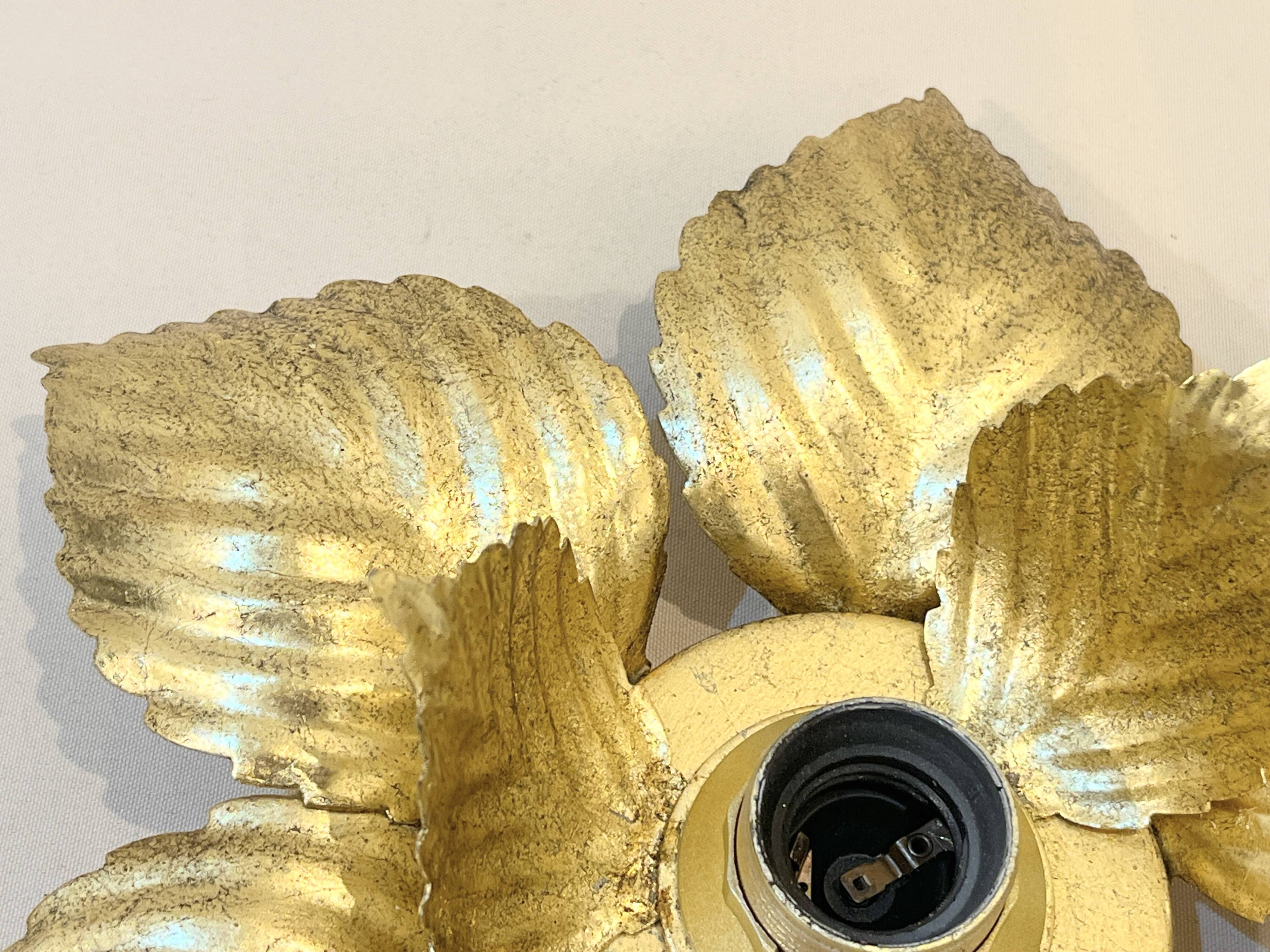 Masca 1970s 1980s Hollywood Regency Gold Leaf Metal Flower Wall Sconce