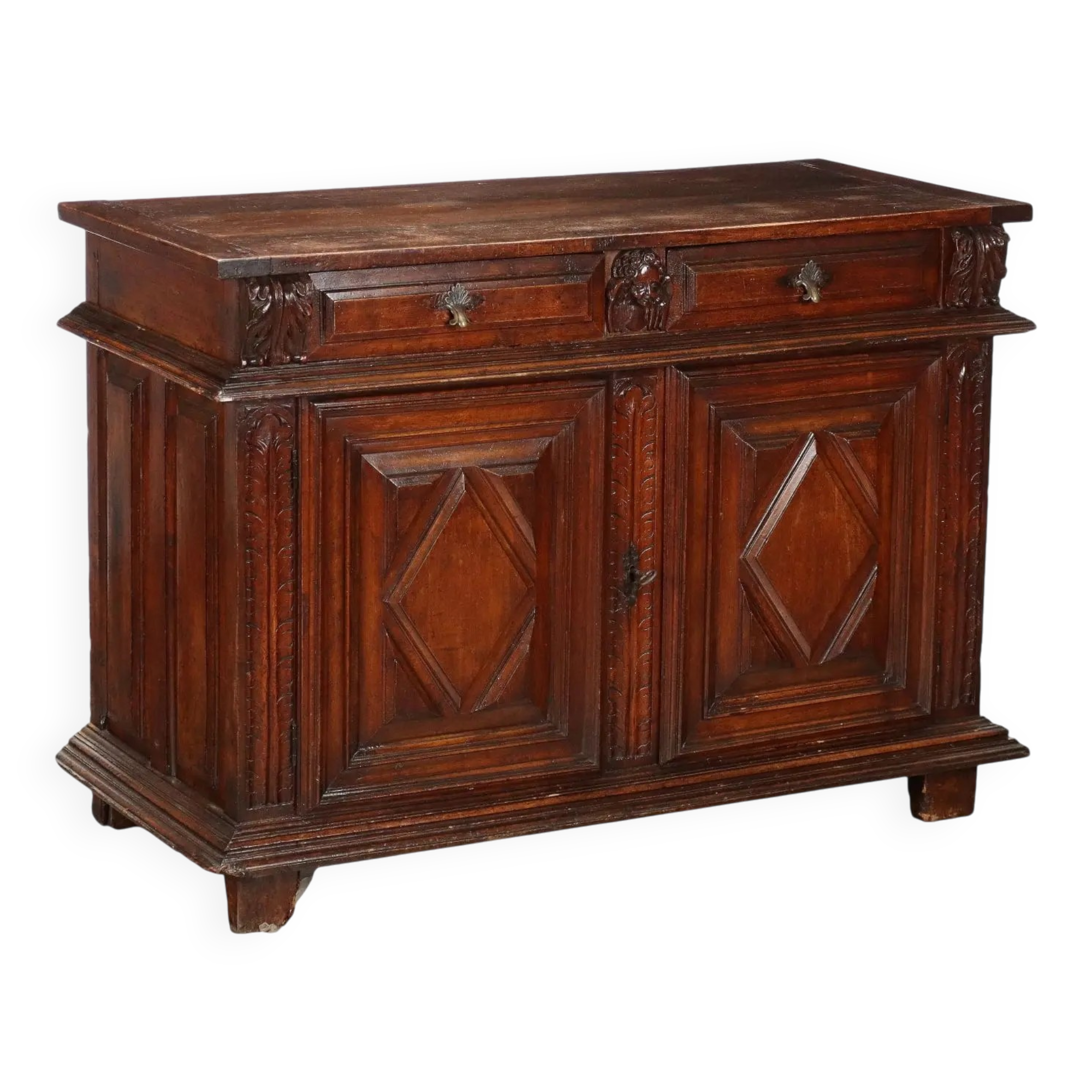 Ancient baroque walnut buffet with decorations, 18th century