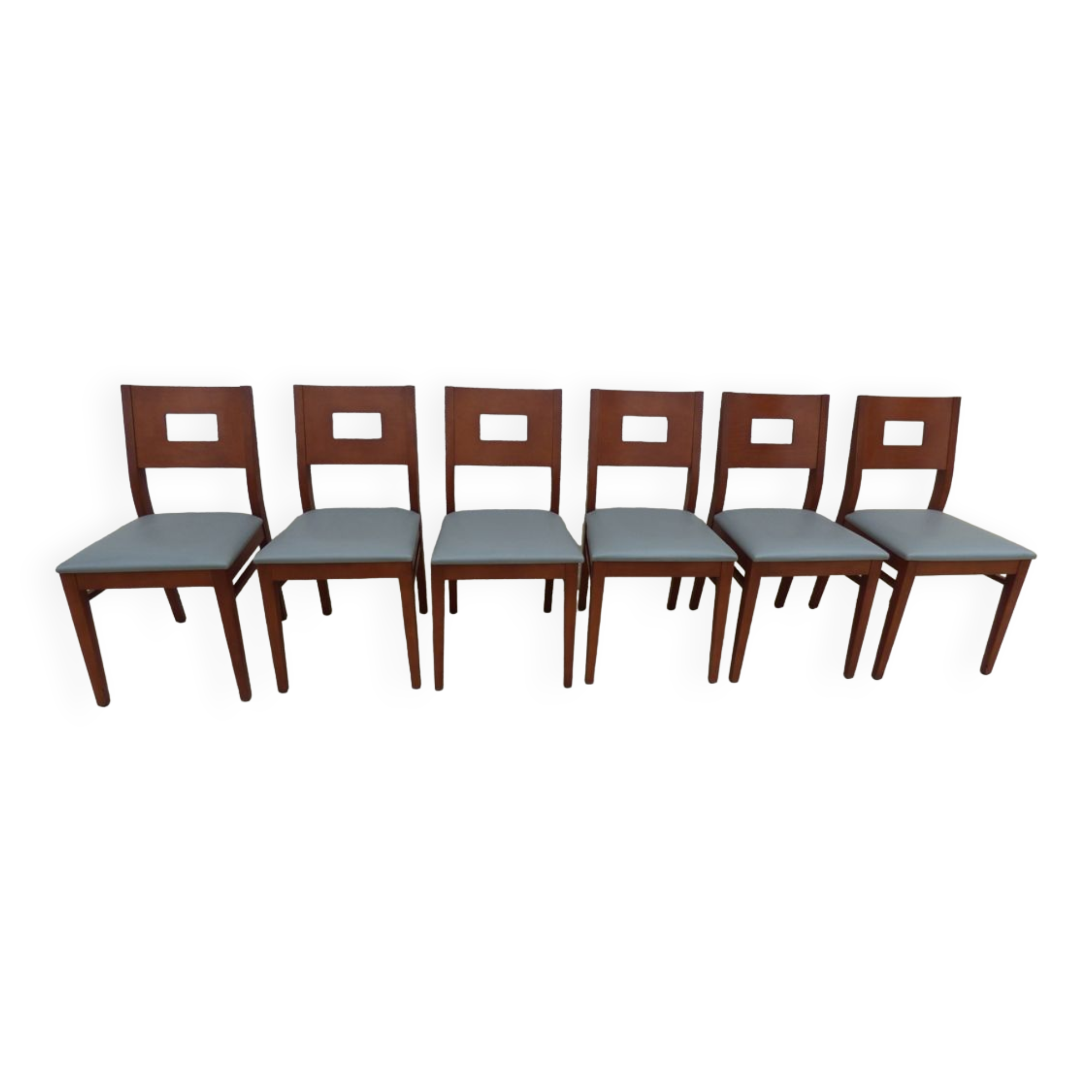 Set of 6 cherry wood style chairs with gray imitation leather seat