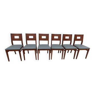 Set of 6 cherry wood style chairs with gray imitation leather seat