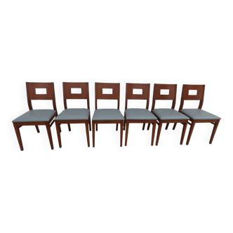 Lot de 6 chaises de style  en bois merisier avec assise en simili cuir gris