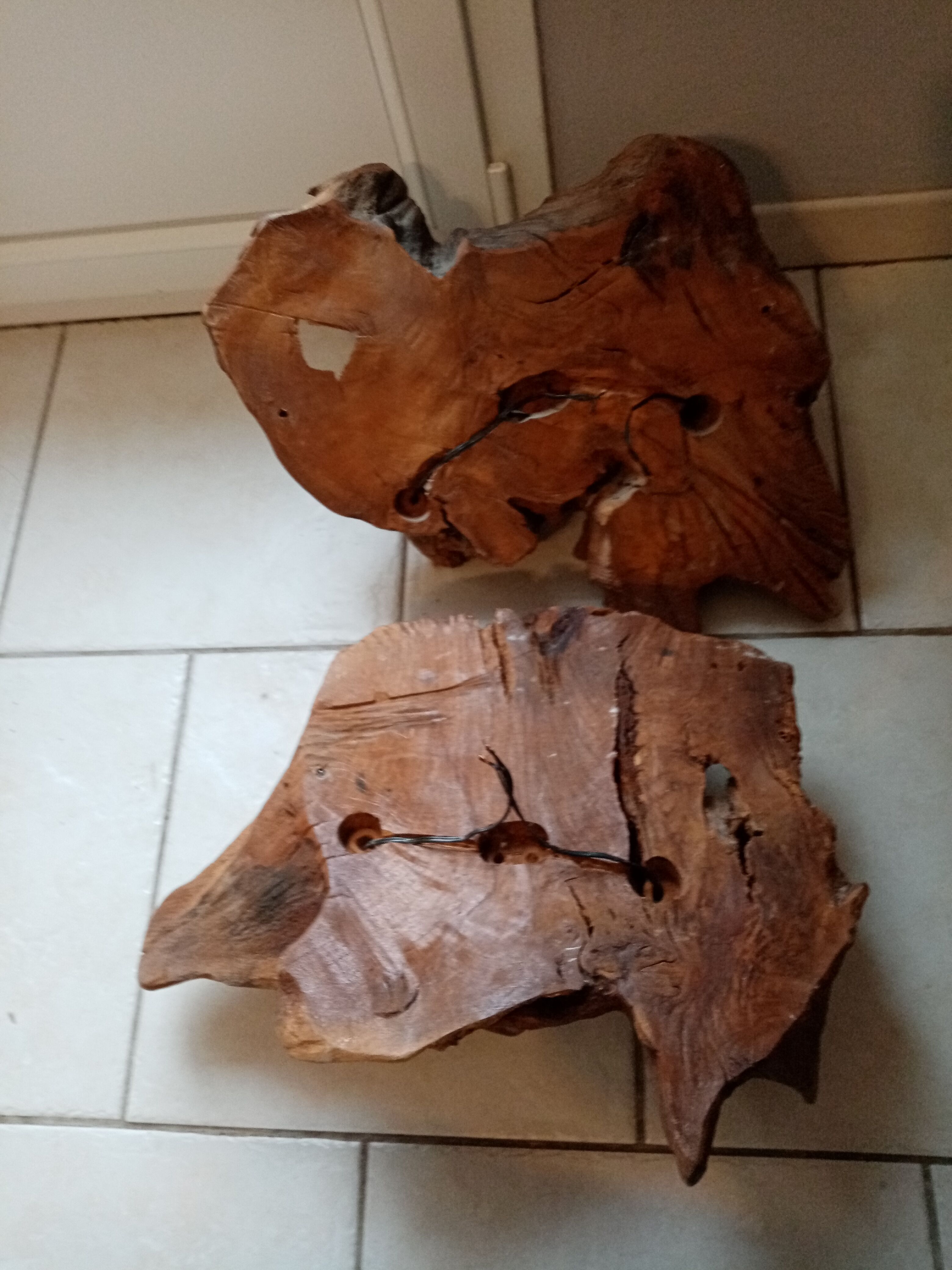 Pair of vintage brutalist wood wall lamp