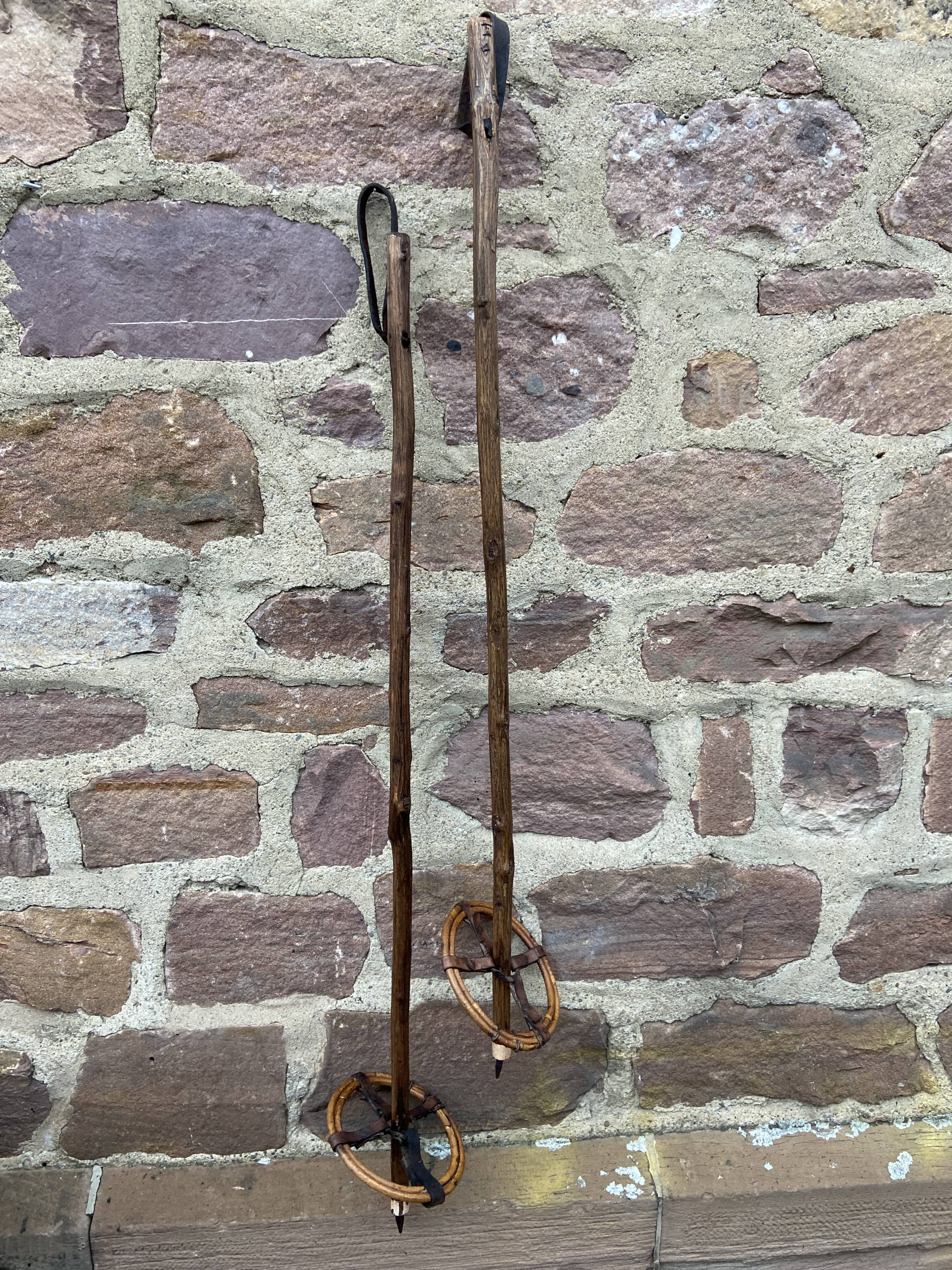 Vintage wooden ski poles 1920s French Old ski decoration chalet Alps