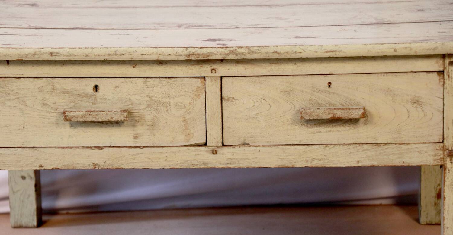 Antique bedside table in Burmese teak with original green cream patina.