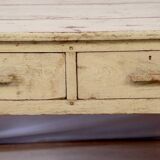 Antique Burmese teak bedside table with original green ecru patina