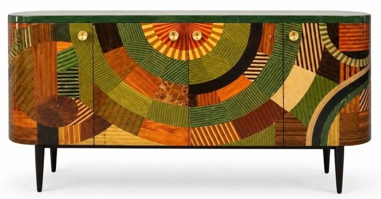 A beech wood Art Deco sideboard with polychrome marquetry.