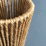 Brutalist style laying lamp with rope lampshade and ceramic foot