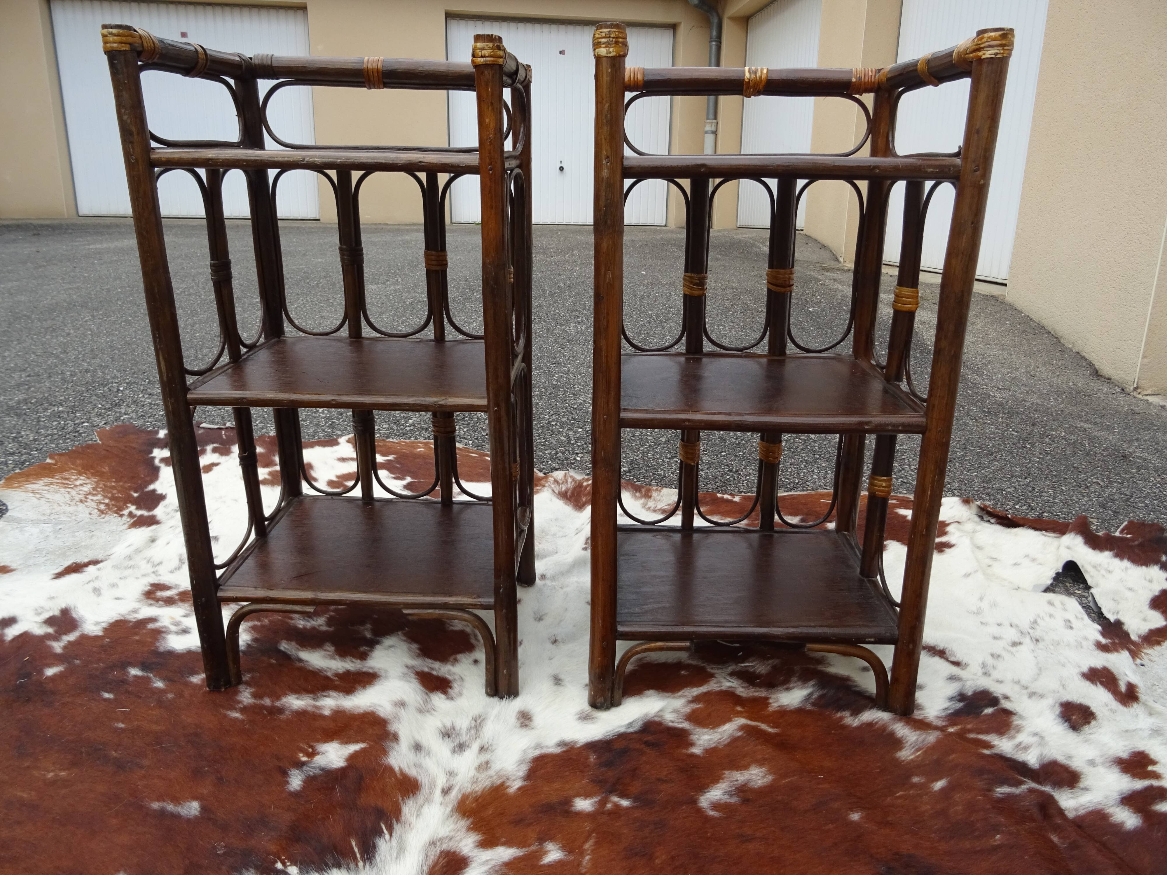 Pair of side tables bedside rattan and vintage bamboo