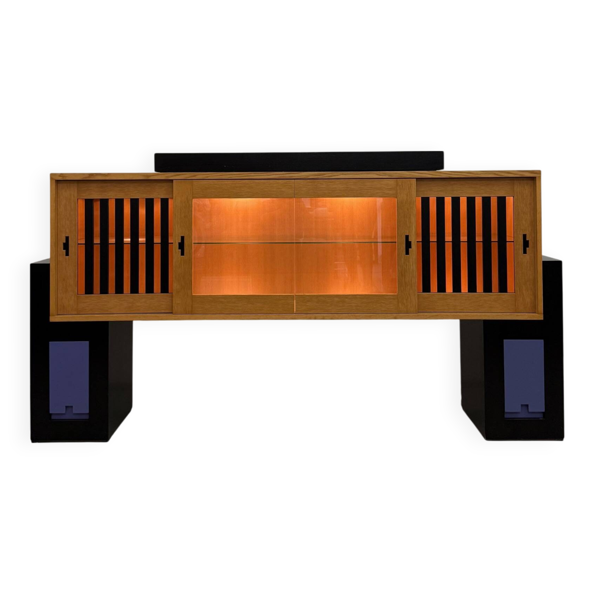 Buffet en bois postmoderne rétro éclairé, Japon, années 1980