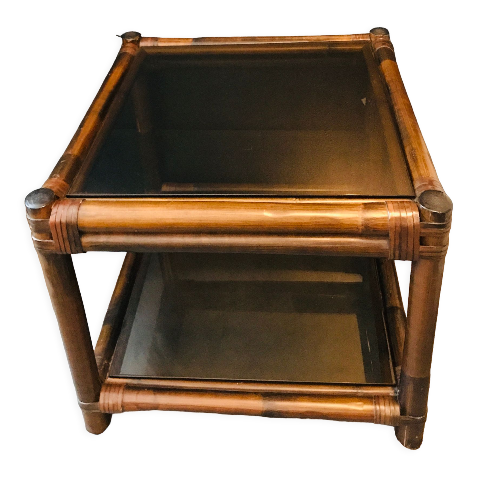Table basse bambou et plateaux verre fumé