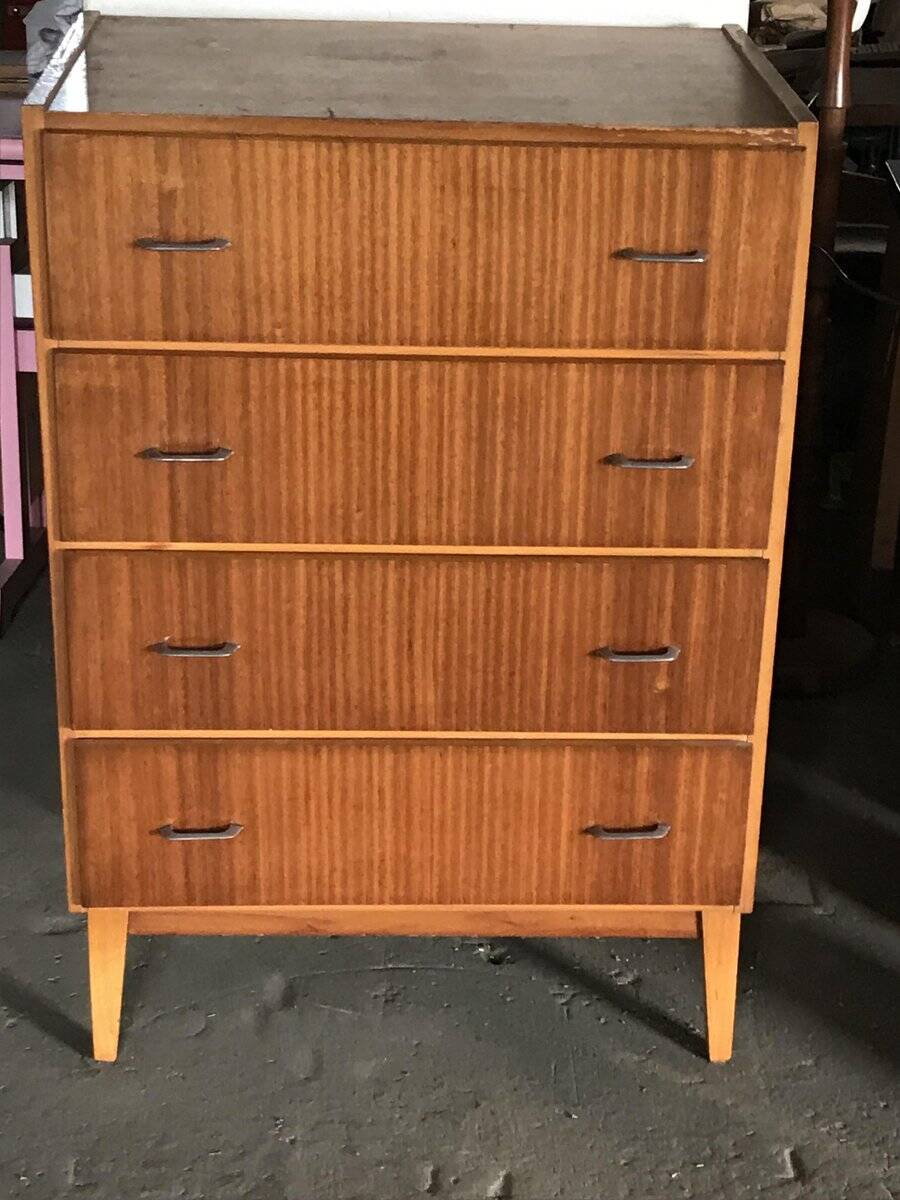 Commode Varia marron en contreplaqué, 4 tiroirs, poignées métal, style scandinave années 1960